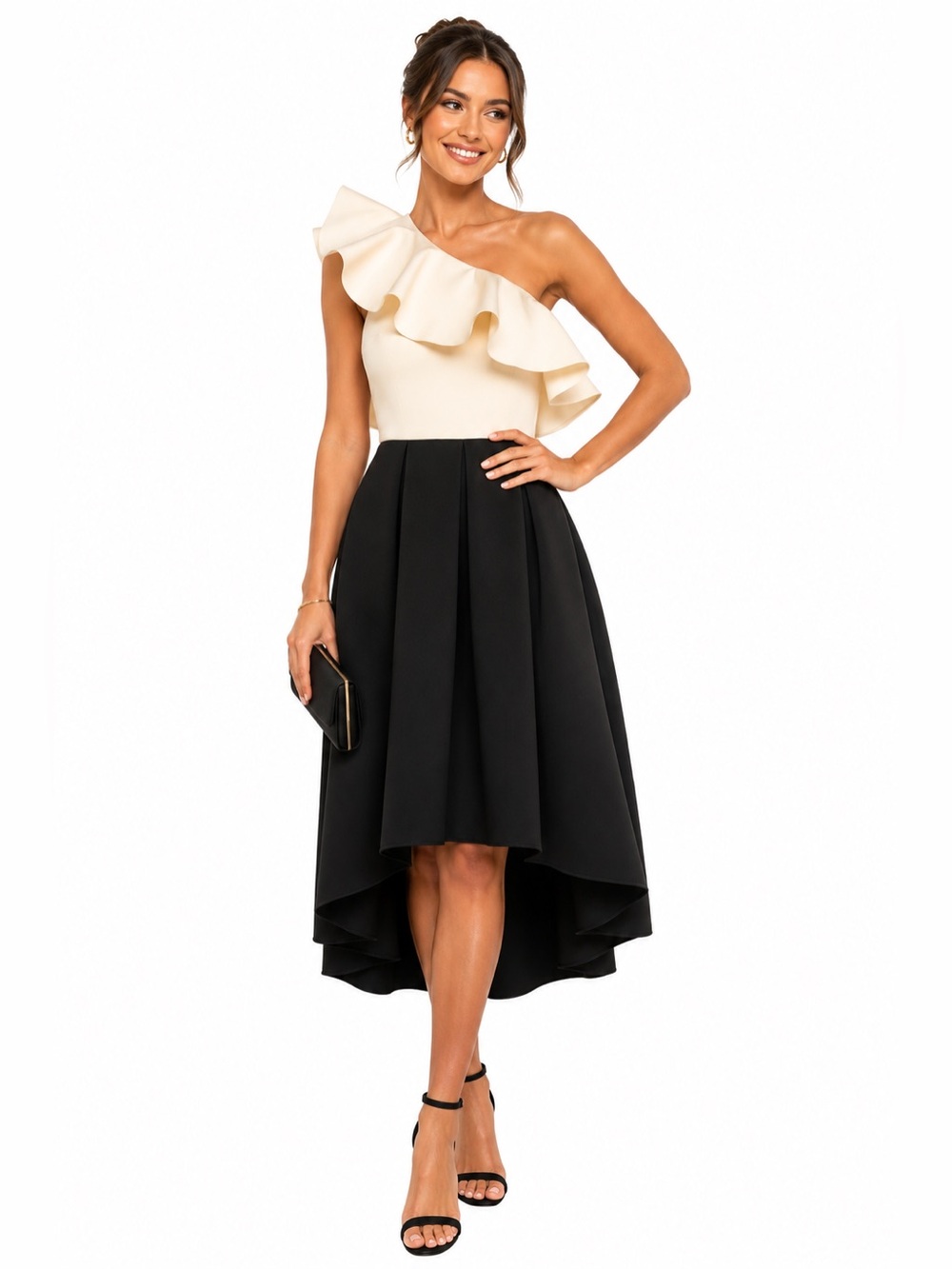 ASOS One Shoulder Ruffle Midi Cocktail Dress Cream Black Wedding Guest